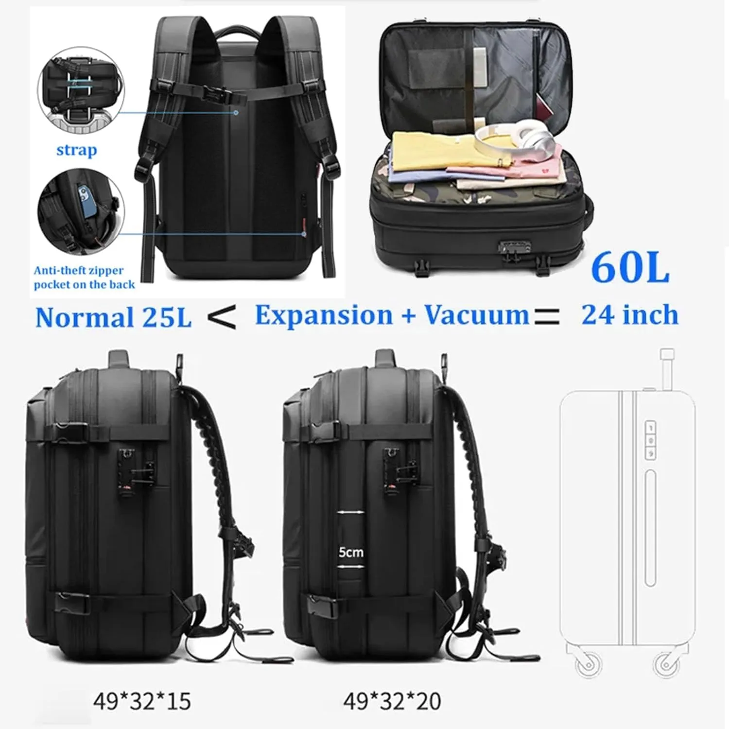 Space Vac Pro Backpack, Vacuum Backpack Travel with Pump, 60l Large-Capacity Travel Expandable with Compression (Grey)