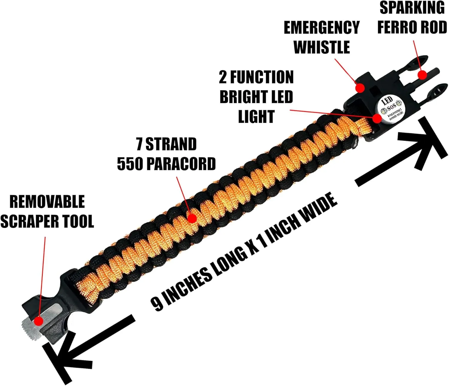 Spark and Shine Paracord Bracelet - Orange - Bright LED SOS Light and Ferro Rod with Scraping Tool - Emergency Survival Whistle - 550 Paracord - Perfect Tool for The Outdoors (5)