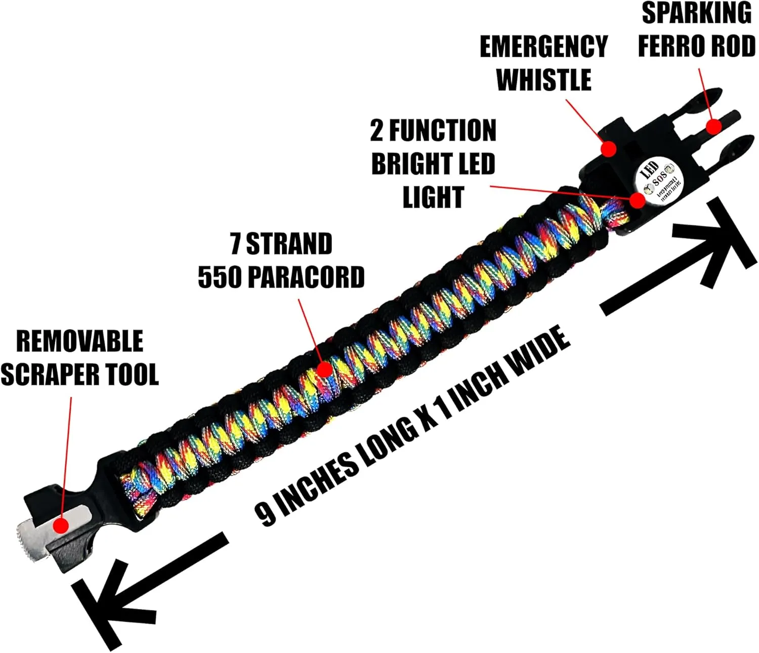 Spark and Shine Paracord Bracelet - Rainbow CAMO - Bright LED SOS Light and Ferro Rod with Scraping Tool - Emergency Survival Whistle - 550 Paracord - Perfect Tool for The Outdoors (10)