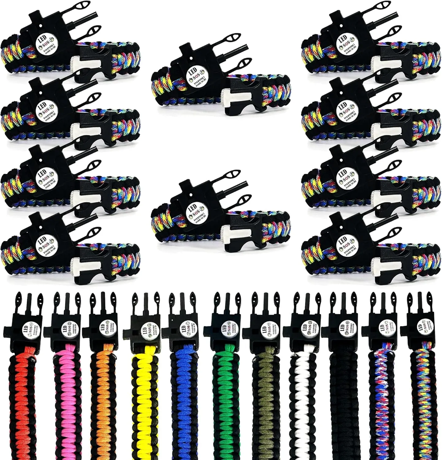 Spark and Shine Paracord Bracelet - Rainbow CAMO - Bright LED SOS Light and Ferro Rod with Scraping Tool - Emergency Survival Whistle - 550 Paracord - Perfect Tool for The Outdoors (10)