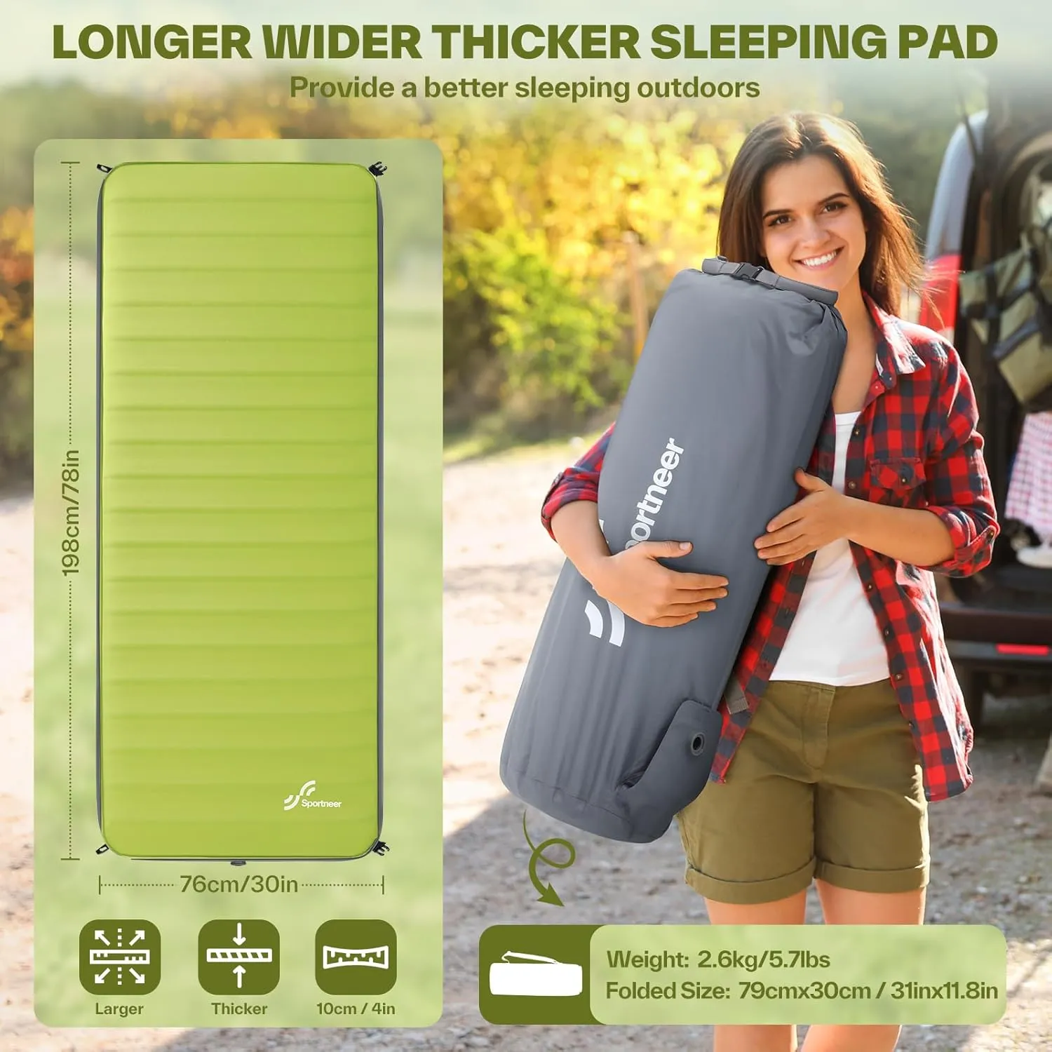 Sportneer Self Inflating Sleeping Pad, 4" Ultra-Thick Elasticity Foam Camping Mat with 10 R Value, 4-Season Insulated Durable Camping Pad Air Mattress for Car Travel Tent Home, 78" x 30"