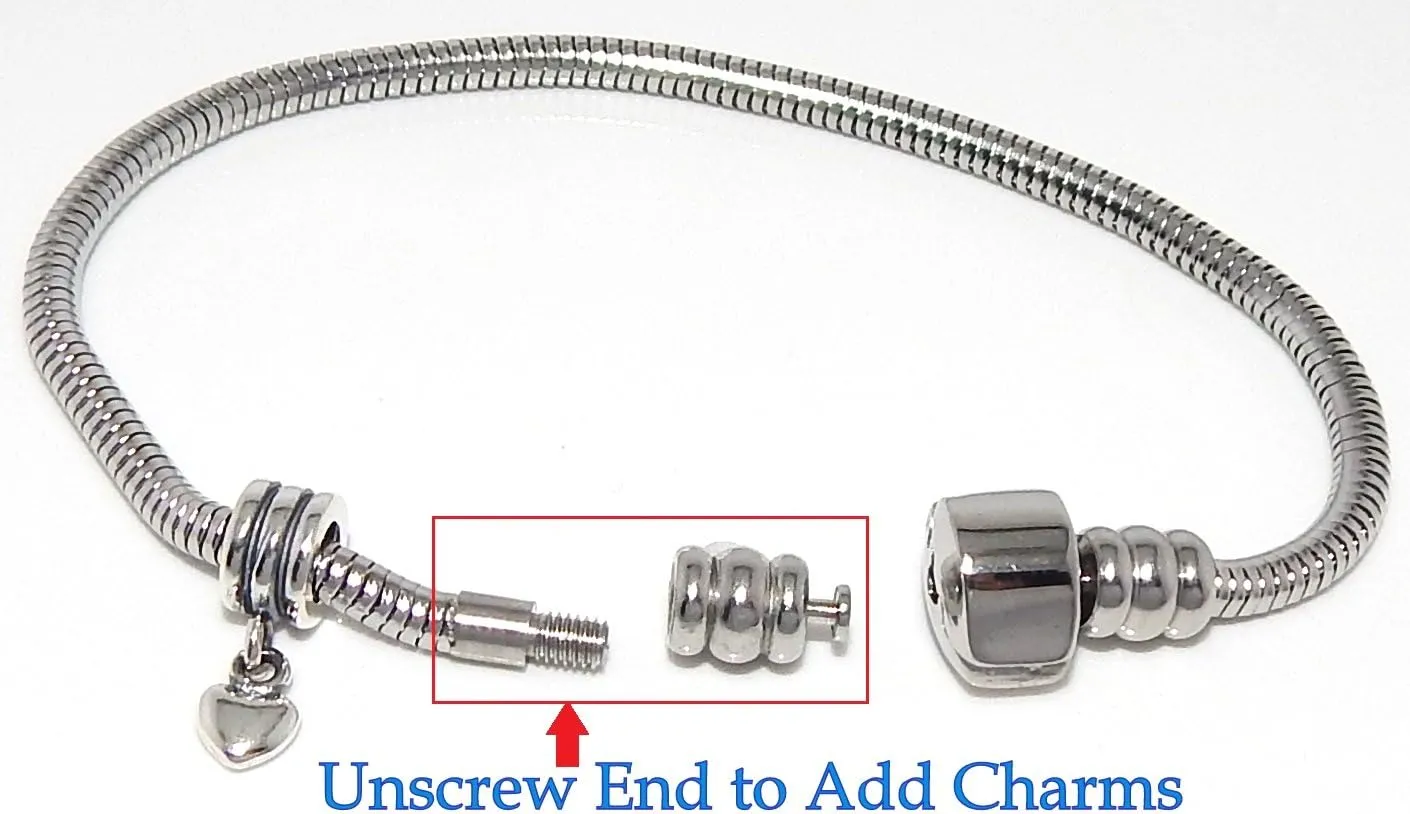 Stainless Steel Starter Charm Bracelet Barrel Snap Clasp Unscrew END Fits Pandora Charms