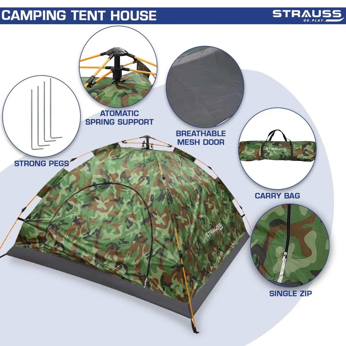 STRAUSS Automatic Portable Tent: Waterproof Outdoor Shelter | Easy Setup in 5-10 Minutes | Military Color | 2 Persons