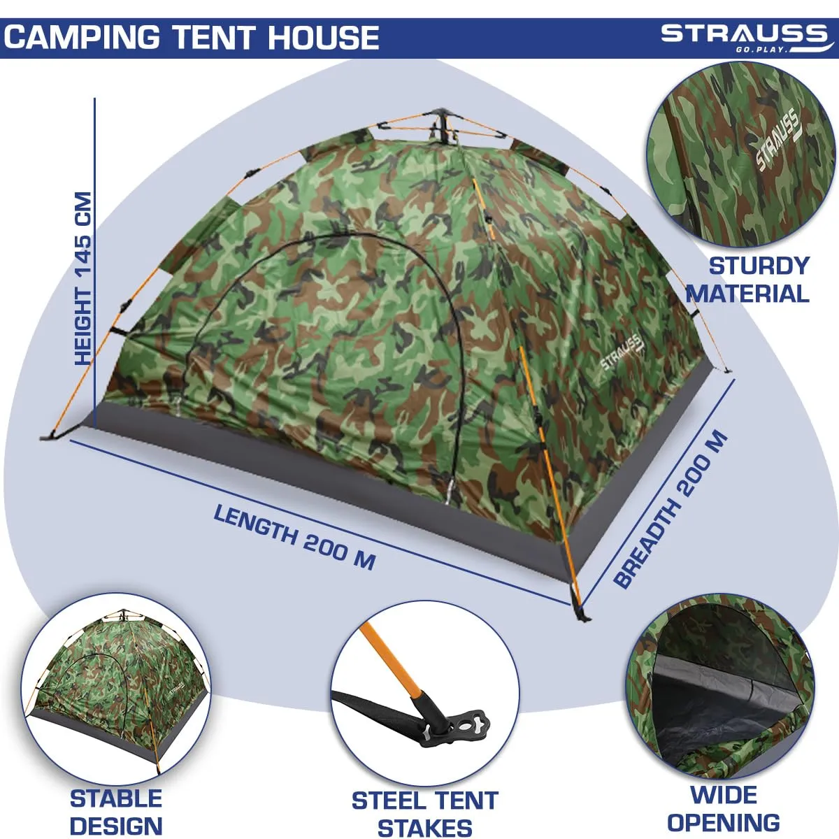 STRAUSS Automatic Portable Tent: Waterproof Outdoor Shelter | Easy Setup in 5-10 Minutes | Military Color | 2 Persons