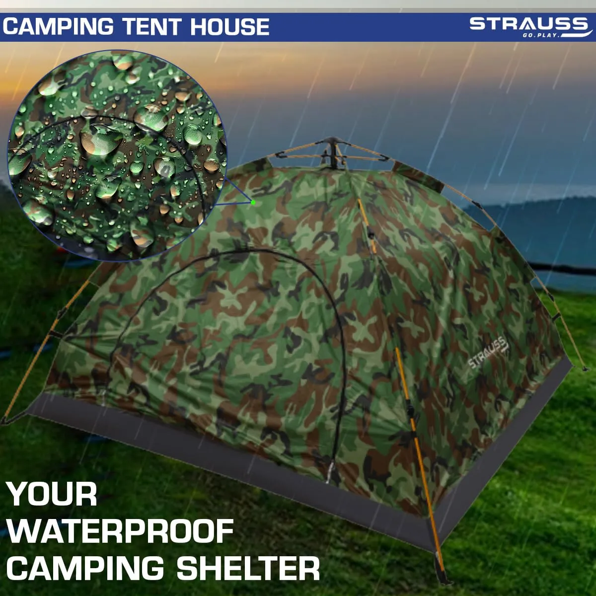STRAUSS Automatic Portable Tent: Waterproof Outdoor Shelter | Easy Setup in 5-10 Minutes | Military Color | 2 Persons