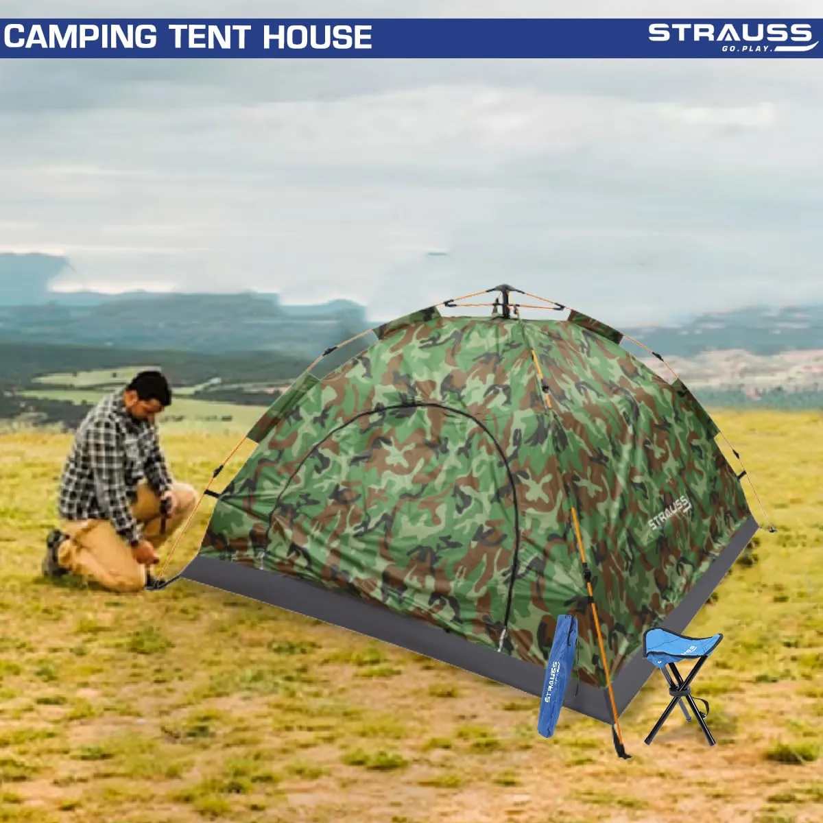STRAUSS Automatic Portable Tent: Waterproof Outdoor Shelter | Easy Setup in 5-10 Minutes | Military Color | 2 Persons