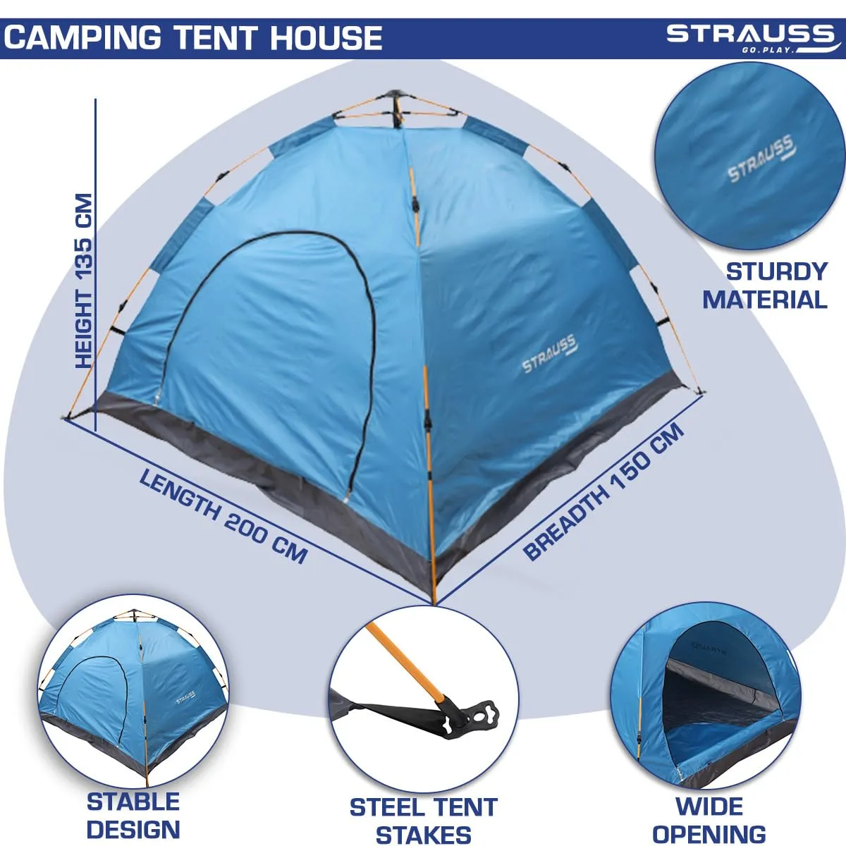 STRAUSS Portable Tent For Camping | 5-10 Minutes Easy Setup | Ideal For Picnic, Hiking, Trekking ,Outdoor Tent for Travel | Waterproof and Windproof Tent for Camping | Superior Air Ventilation | Ideal For 2 Persons,(Blue)