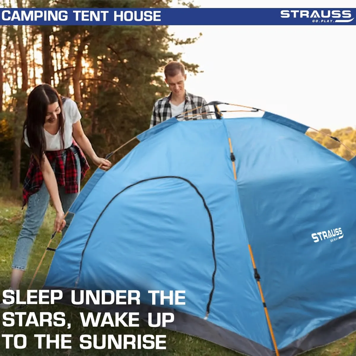 STRAUSS Portable Tent For Camping | 5-10 Minutes Easy Setup | Ideal For Picnic, Hiking, Trekking ,Outdoor Tent for Travel | Waterproof and Windproof Tent for Camping | Superior Air Ventilation | Ideal For 2 Persons,(Blue)
