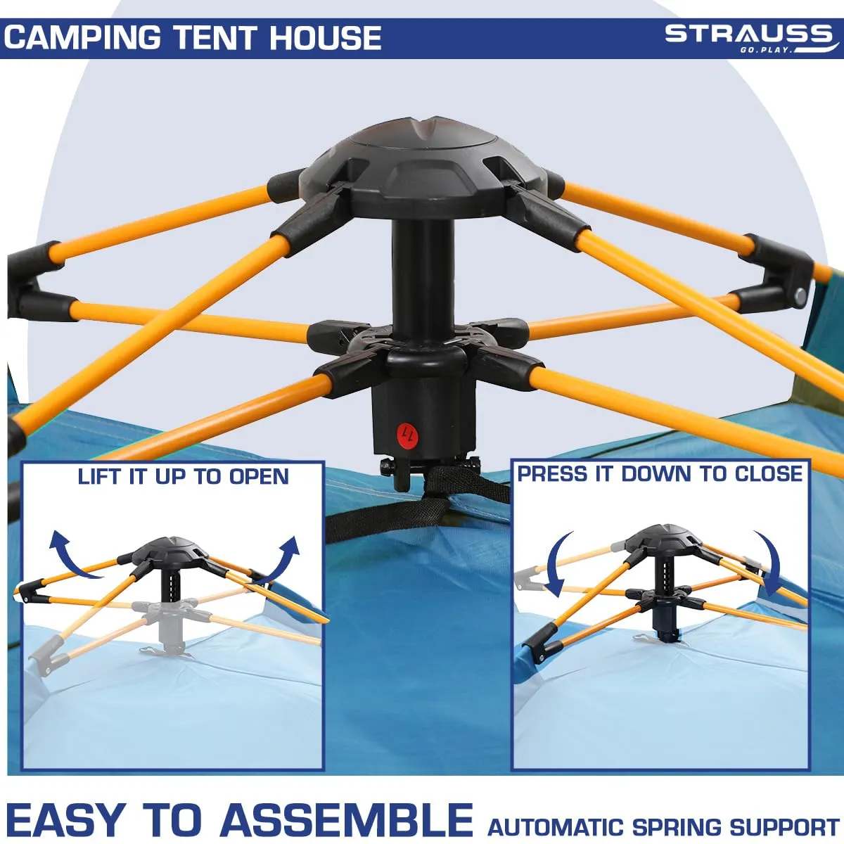 STRAUSS Portable Tent For Camping | 5-10 Minutes Easy Setup | Ideal For Picnic, Hiking, Trekking ,Outdoor Tent for Travel | Waterproof and Windproof Tent for Camping | Superior Air Ventilation | Ideal For 2 Persons,(Blue)