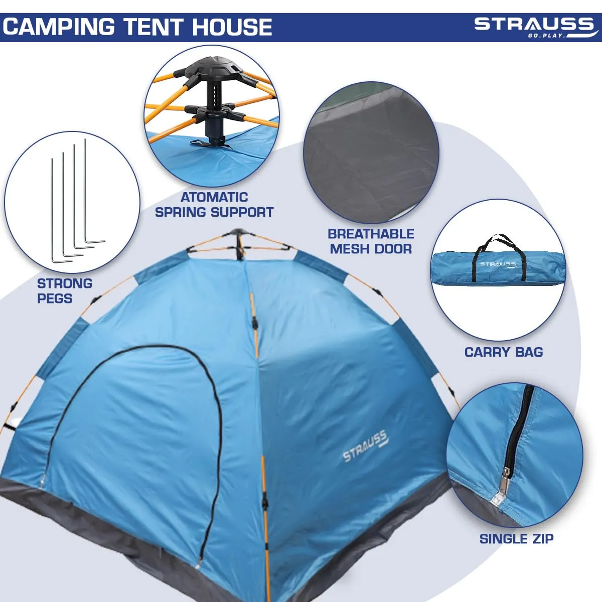 STRAUSS Portable Tent For Camping | 5-10 Minutes Easy Setup | Ideal For Picnic, Hiking, Trekking ,Outdoor Tent for Travel | Waterproof and Windproof Tent for Camping | Superior Air Ventilation | Ideal For 2 Persons,(Blue)