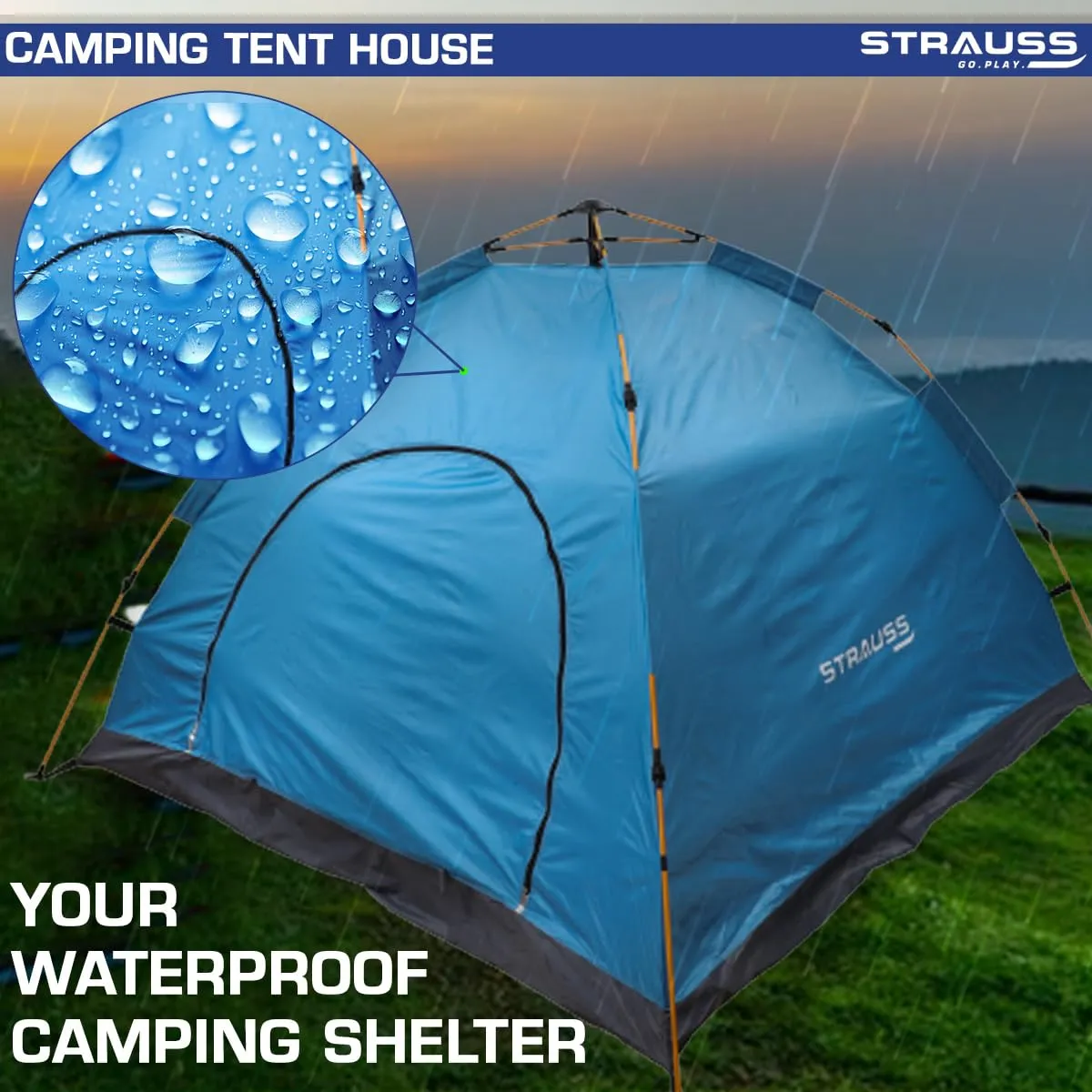 STRAUSS Portable Tent For Camping | 5-10 Minutes Easy Setup | Ideal For Picnic, Hiking, Trekking ,Outdoor Tent for Travel | Waterproof and Windproof Tent for Camping | Superior Air Ventilation | Ideal For 2 Persons,(Blue)