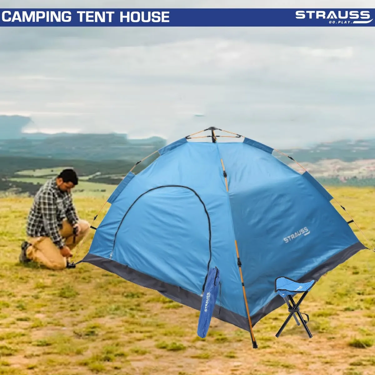 STRAUSS Portable Tent For Camping | 5-10 Minutes Easy Setup | Ideal For Picnic, Hiking, Trekking ,Outdoor Tent for Travel | Waterproof and Windproof Tent for Camping | Superior Air Ventilation | Ideal For 2 Persons,(Blue)