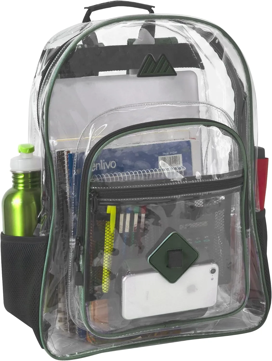 Summit Ridge Clear Waterproof Heavy Duty Stadium Approved Backpack With Water Bottle Holding Pocket, Front Zipper and Mesh Pockets for Men and Women in Green