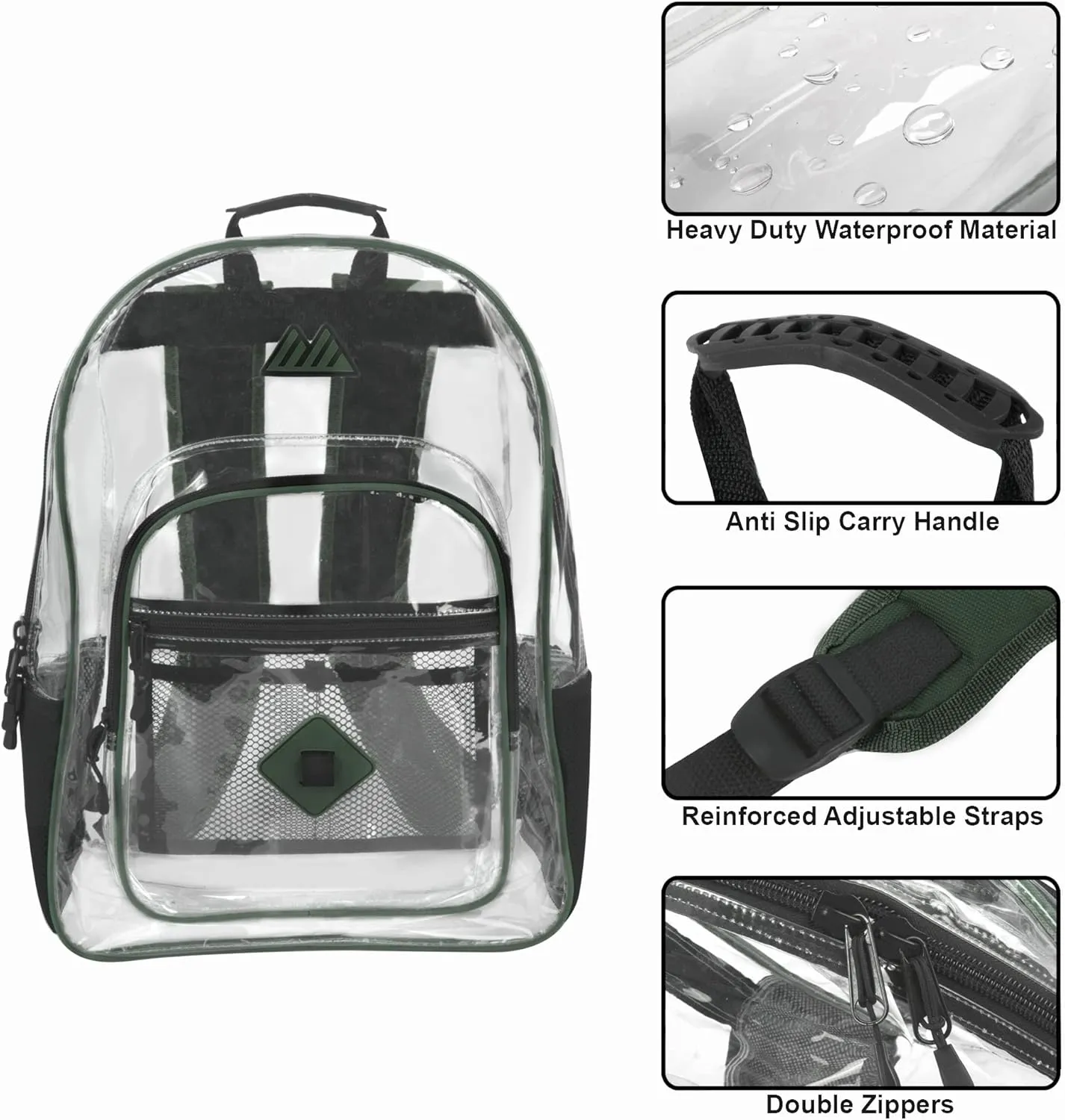 Summit Ridge Clear Waterproof Heavy Duty Stadium Approved Backpack With Water Bottle Holding Pocket, Front Zipper and Mesh Pockets for Men and Women in Green