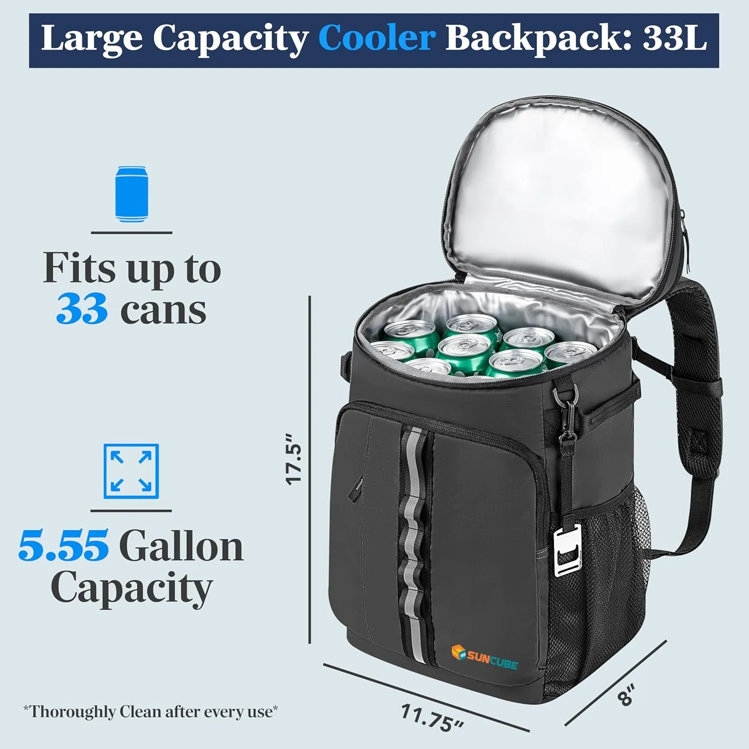 SUN CUBE Cooler Backpack 33 Can, Leakproof Insulated Backpack Cooler for Men Women, Camping Cooler Backpack for Beach Travel Hiking, Waterproof Lunch Backpack, Grey