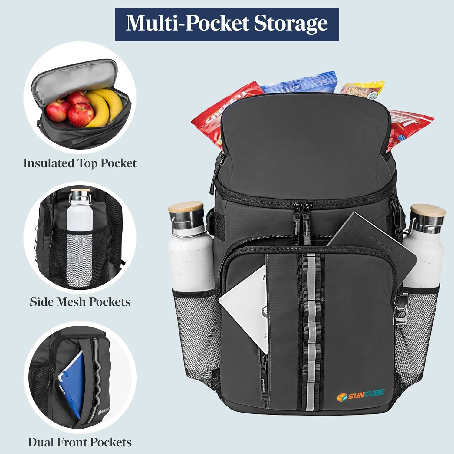 SUN CUBE Cooler Backpack 33 Can, Leakproof Insulated Backpack Cooler for Men Women, Camping Cooler Backpack for Beach Travel Hiking, Waterproof Lunch Backpack, Grey