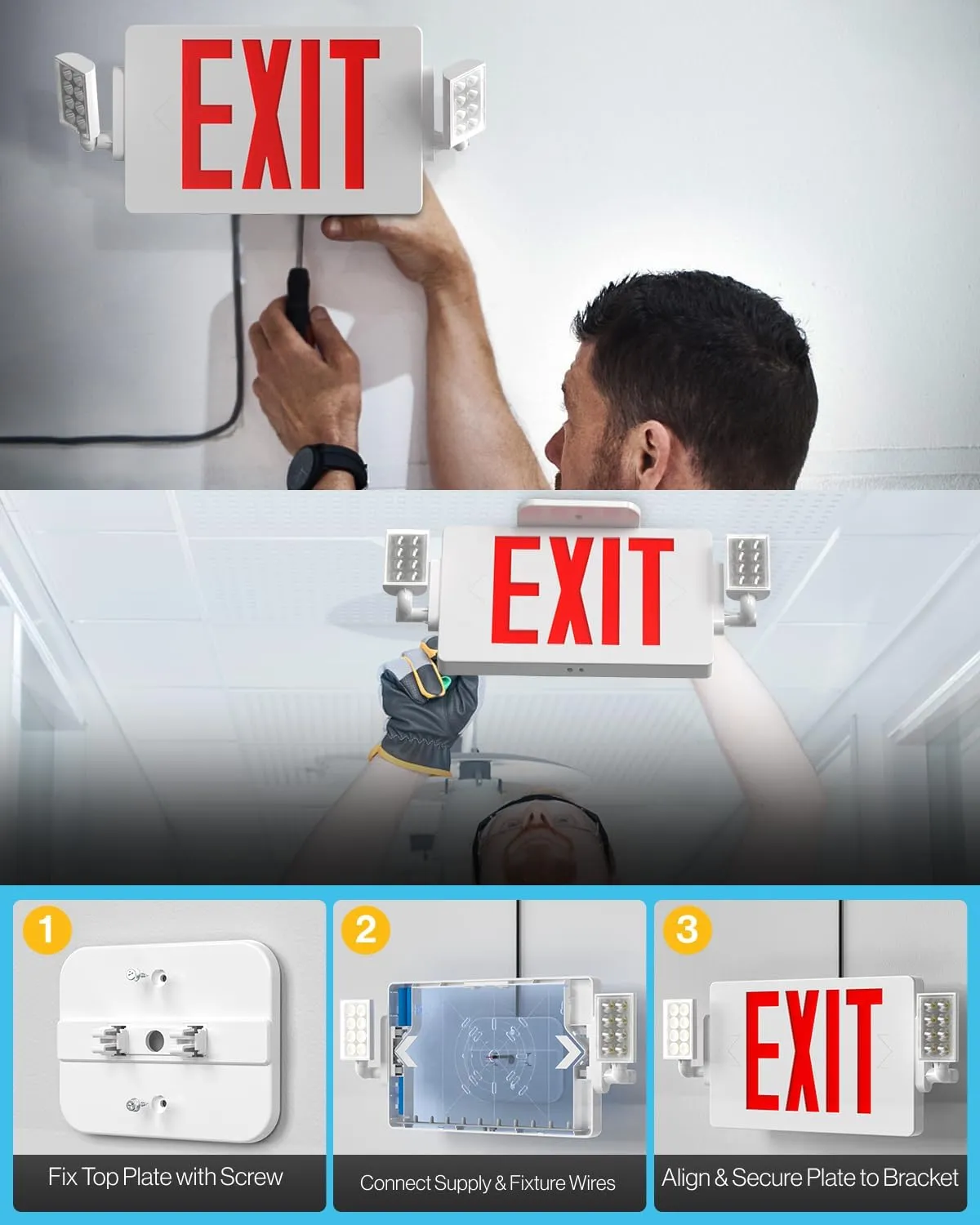 Sunco 12 Pack Exit Signs With Emergency Lights, Two Adjustable LED Lights With Backup Battery, Red, 94V-0 Fire Resistant, 120-277V, Wall Or Ceiling Mount, Commercial Grade Double Sided UL