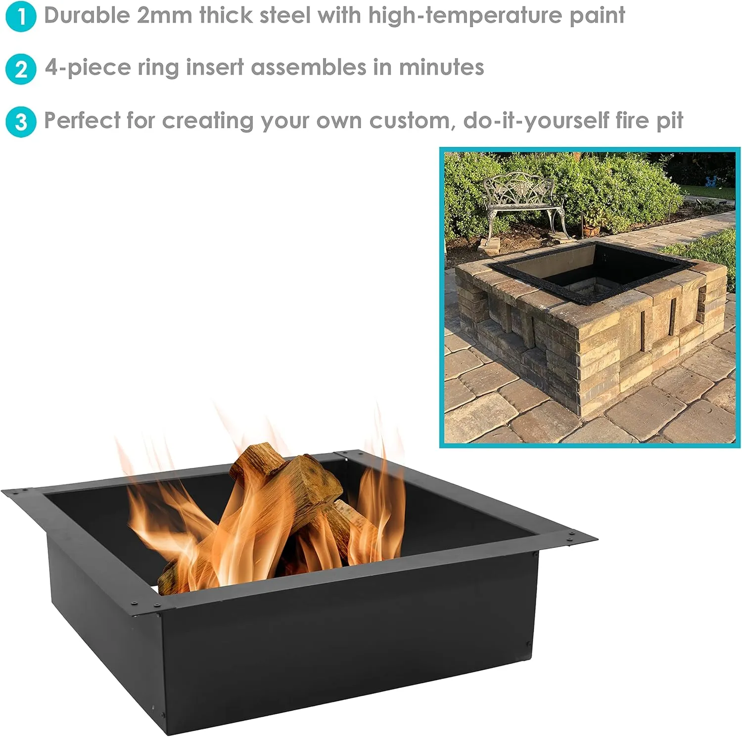 Sunnydaze Outdoor Fire Pit Ring - Above or In-Ground Steel Fire Ring Insert - 42-Inch Square Outer/36-Inch Square Inner Diameter