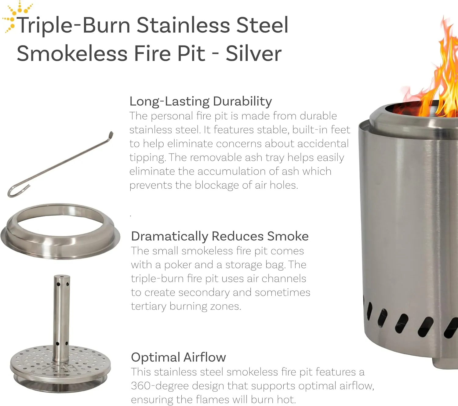 Sunnydaze Tabletop Smokeless Fire Pit with Storage Bag and Poker - Triple Burn - Pellet or Wood Burning - 9.75" H - Silver