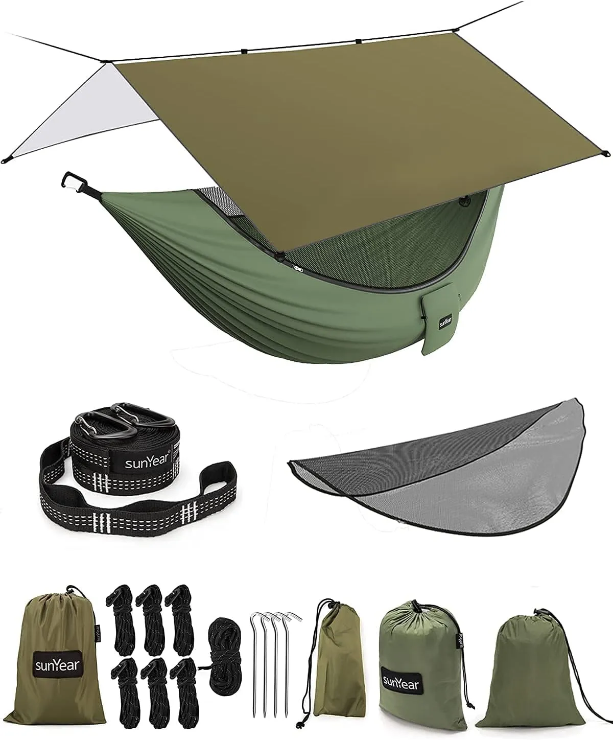Sunyear Hammock Camping with Removable No See-Um Net and Rain Fly Tent Tarp with 32ft Long Ridgeline Against Storm, Snow,Best for Outdoor Backpacking Hiking&Survival