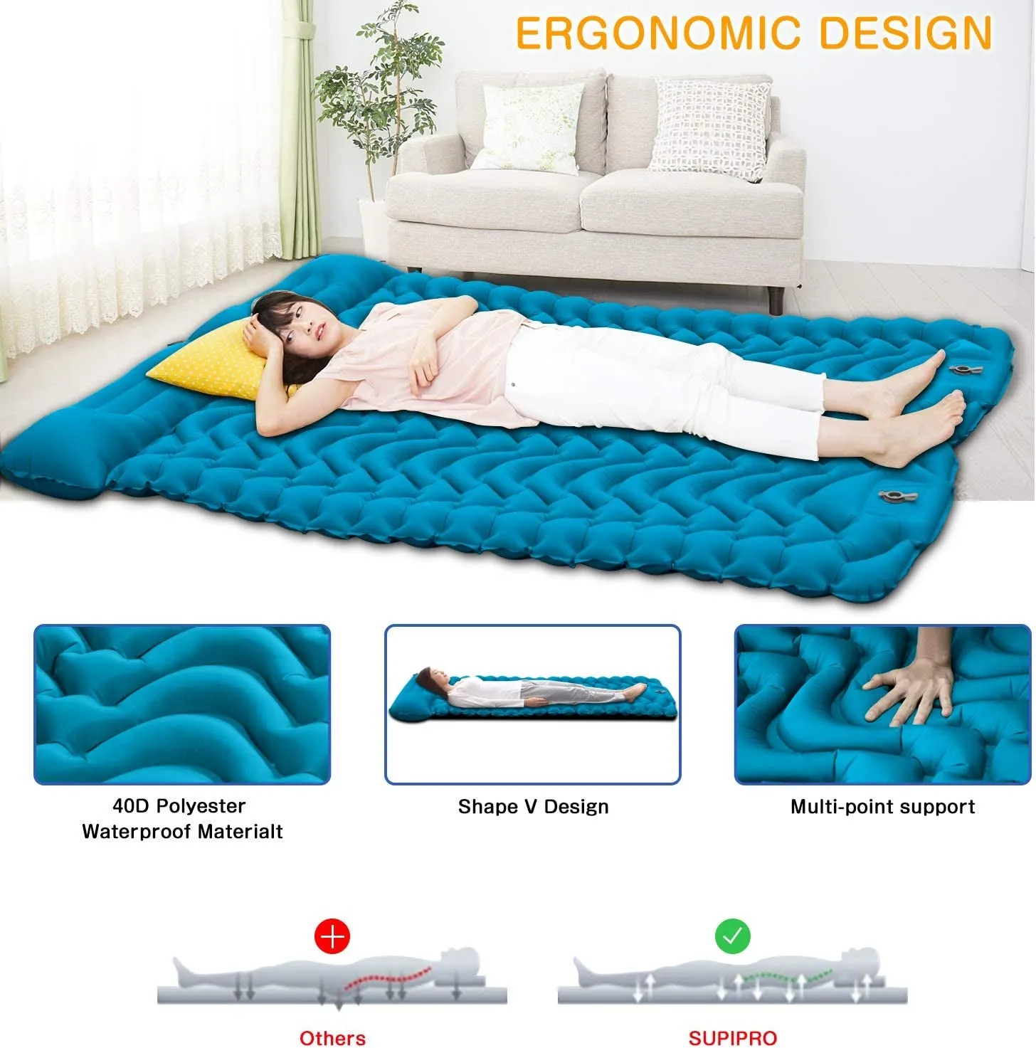 SUPIPRO Inflatable Camping Sleeping Pad with Built-in Pillow