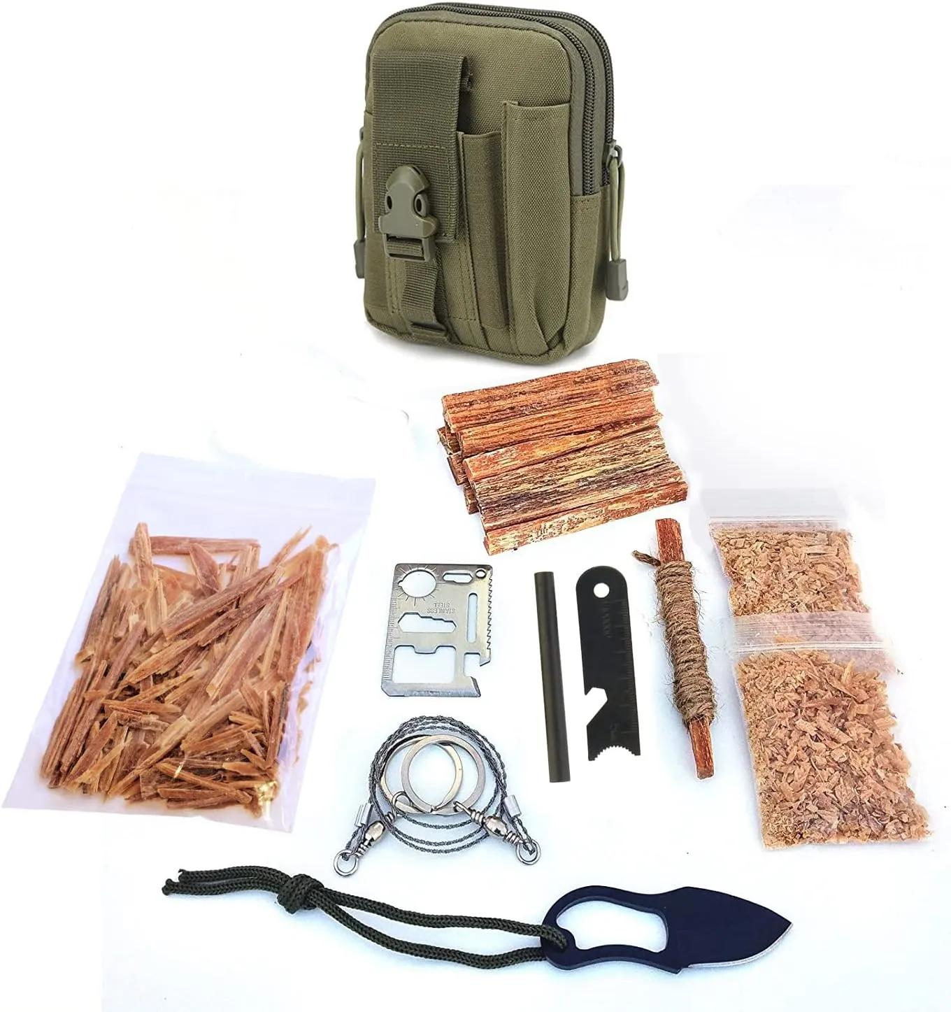 Survival Fire Starting Molle Bag Fatwood Ferro Rod Knife Saw Emergency Camping Hiking Fishing Bushcraft Outdoorsman Kaeser Wilderness Supply