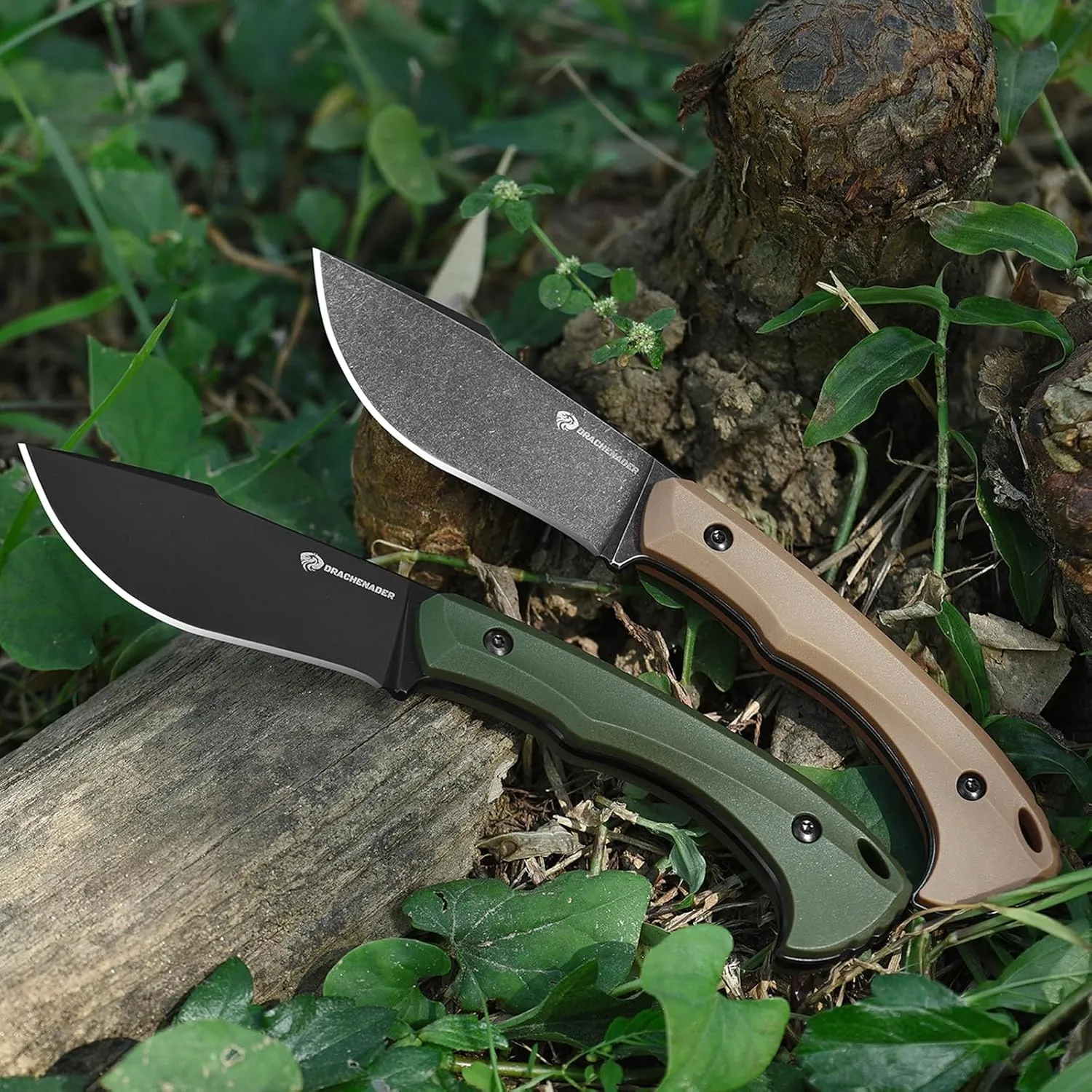 Survival Knife with Fire Starter L-Y, 7.68" Full Tang Small Fixed Blade Knife with Belt Clip, Khaki   Stonewashed Black
