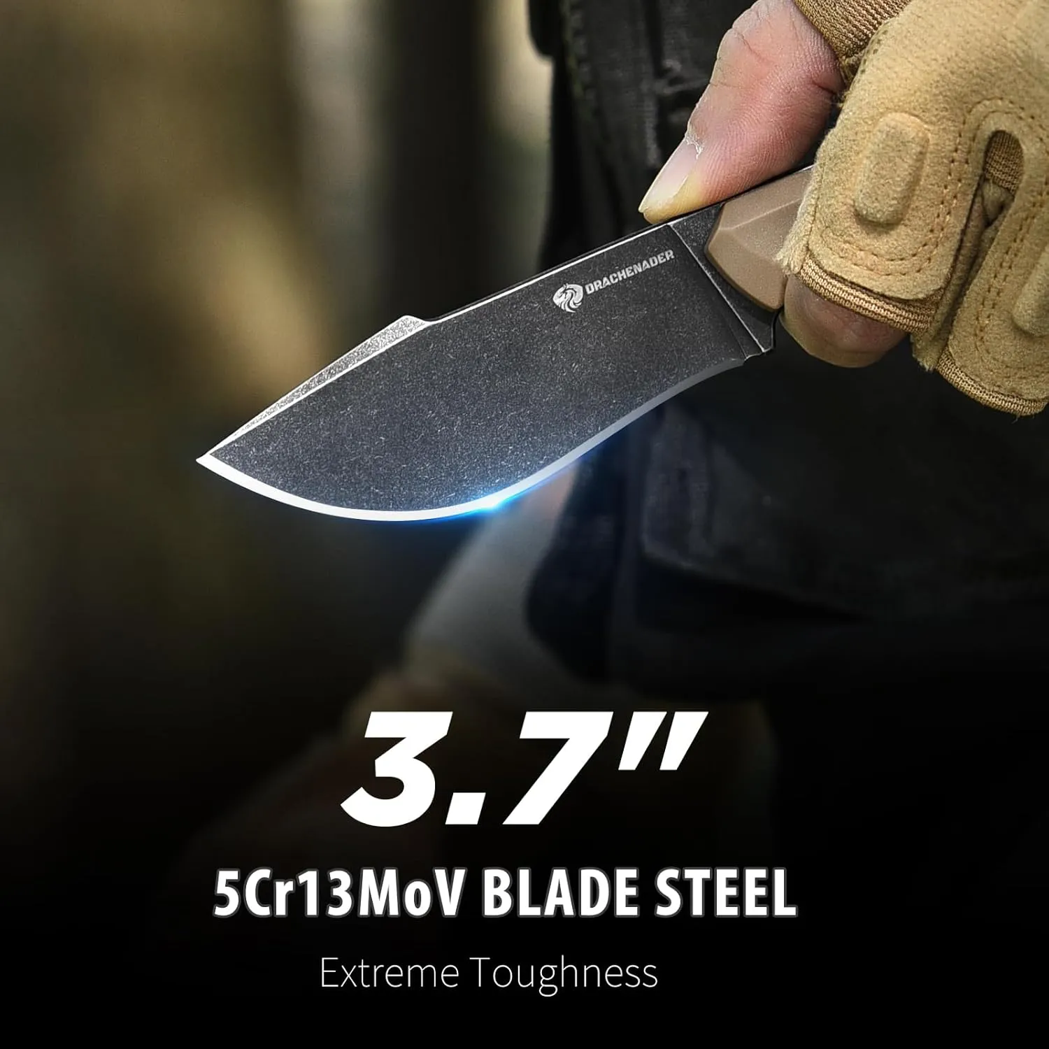 Survival Knife with Fire Starter L-Y, 7.68" Full Tang Small Fixed Blade Knife with Belt Clip, Khaki   Stonewashed Black