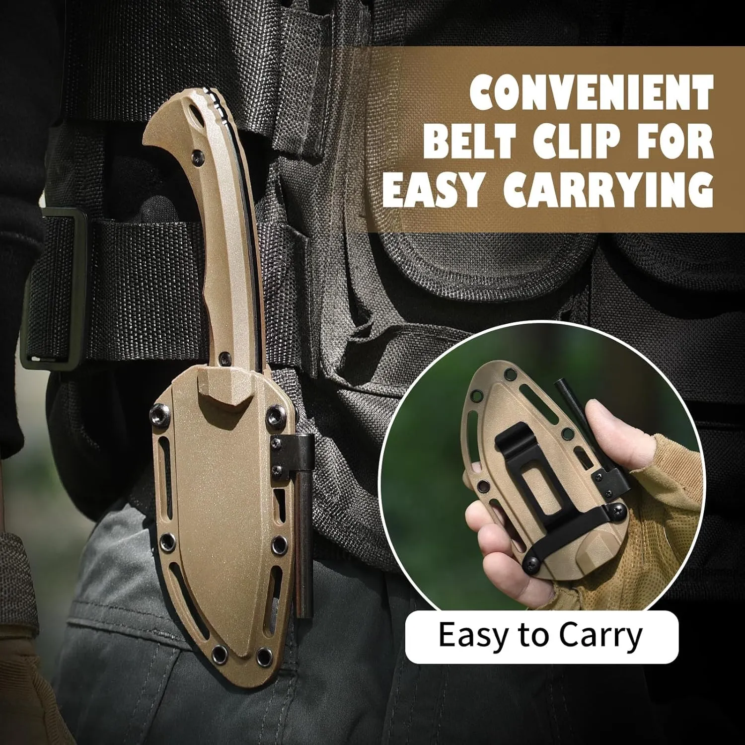 Survival Knife with Fire Starter L-Y, 7.68" Full Tang Small Fixed Blade Knife with Belt Clip, Khaki   Stonewashed Black