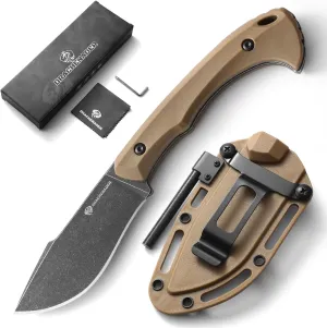Survival Knife with Fire Starter L-Y, 7.68" Full Tang Small Fixed Blade Knife with Belt Clip, Khaki   Stonewashed Black