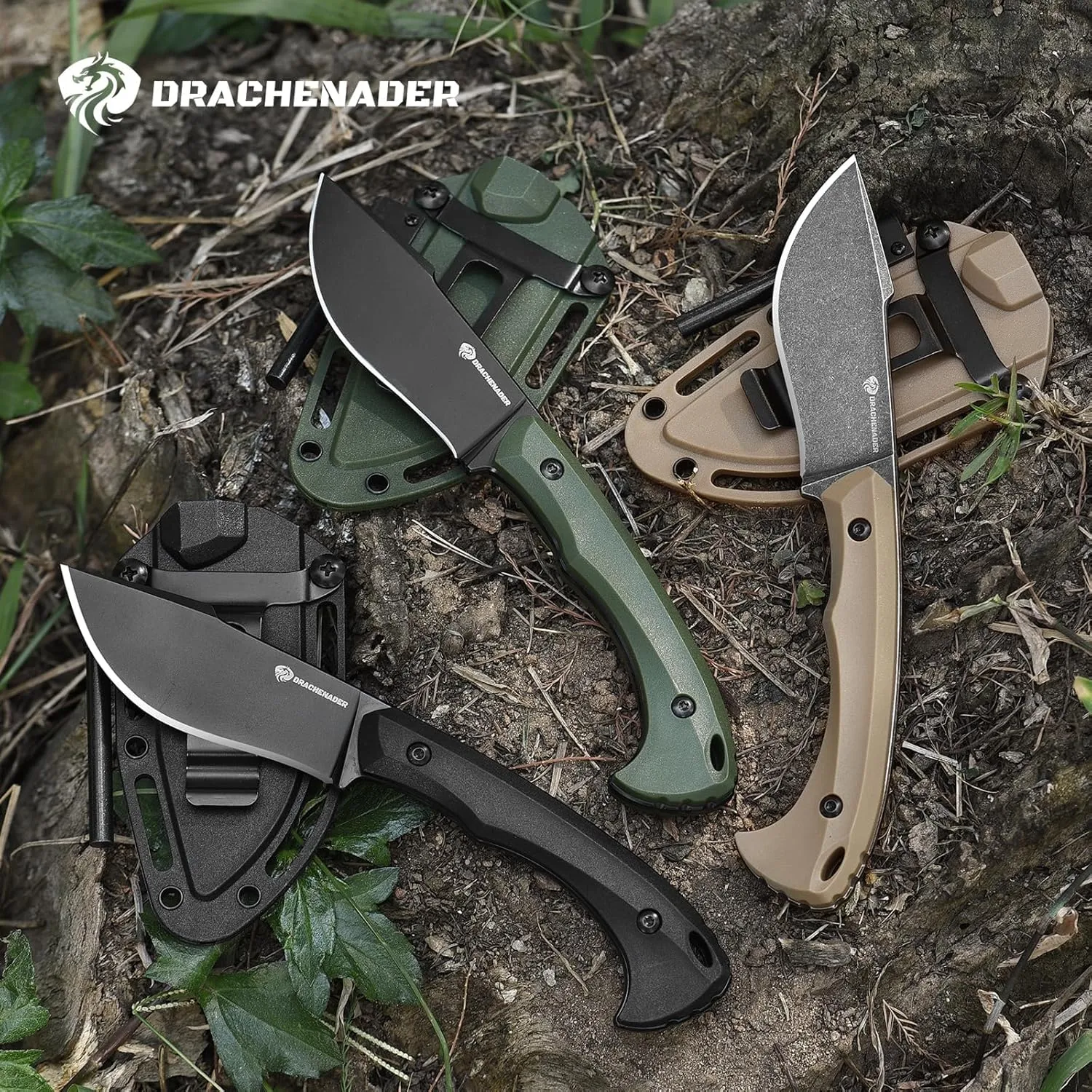 Survival Knife with Fire Starter L-Y, 7.68" Full Tang Small Fixed Blade Knife with Belt Clip, Khaki   Stonewashed Black
