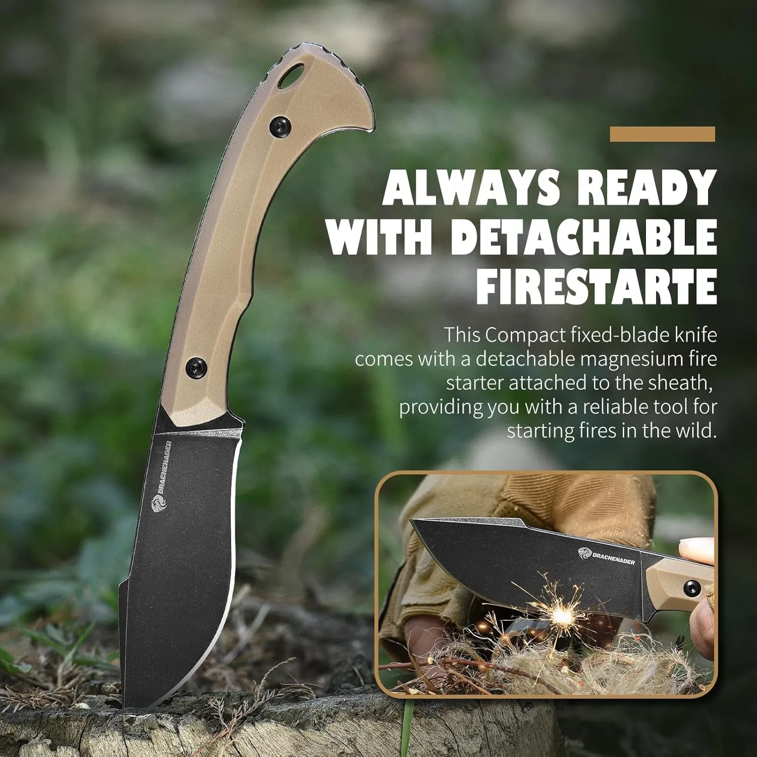 Survival Knife with Fire Starter L-Y, 7.68" Full Tang Small Fixed Blade Knife with Belt Clip, Khaki   Stonewashed Black