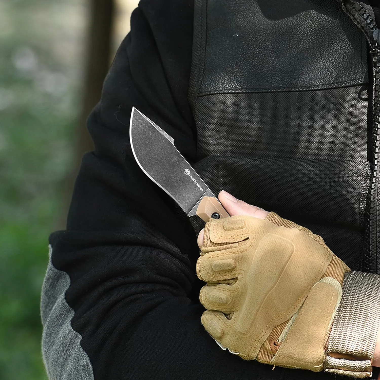 Survival Knife with Fire Starter L-Y, 7.68" Full Tang Small Fixed Blade Knife with Belt Clip, Khaki   Stonewashed Black