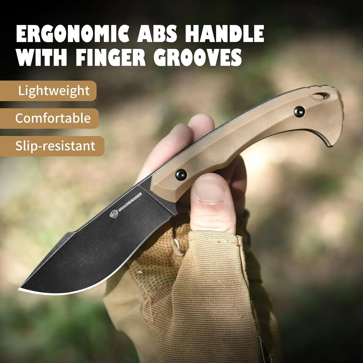 Survival Knife with Fire Starter L-Y, 7.68" Full Tang Small Fixed Blade Knife with Belt Clip, Khaki   Stonewashed Black