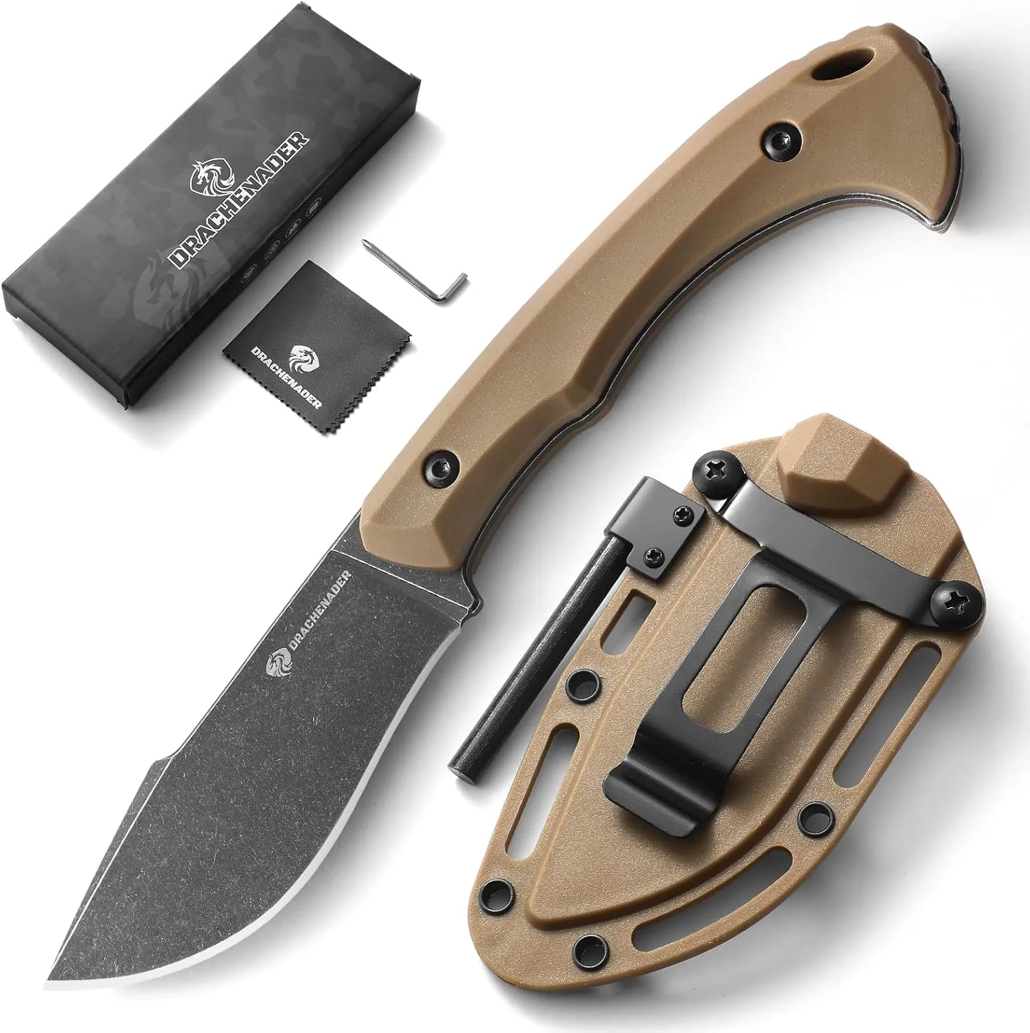 Survival Knife with Fire Starter L-Y, 7.68" Full Tang Small Fixed Blade Knife with Belt Clip, Khaki   Stonewashed Black