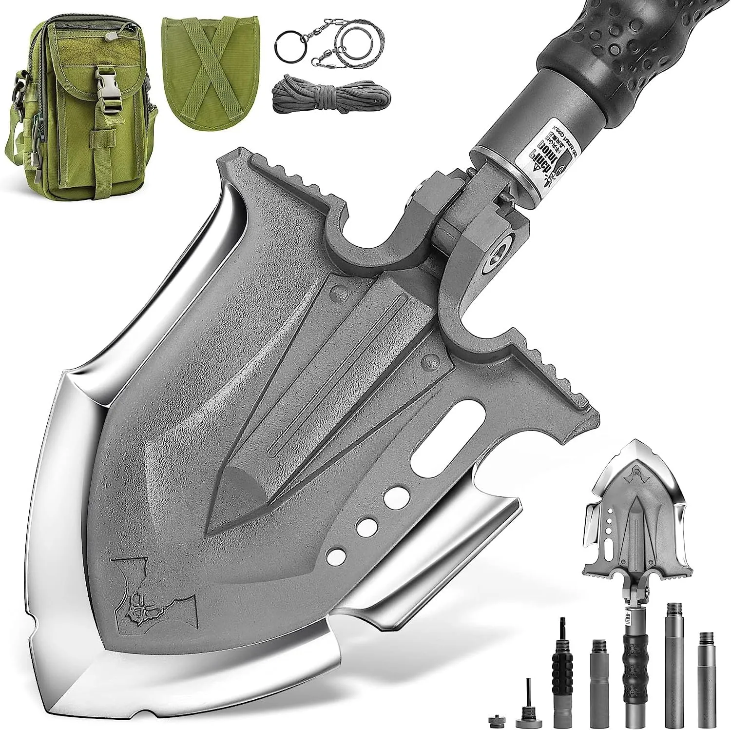 Survival Tactical Shovel Multitool 28 in 1 Luxury Kit, Folding Shovel with Military Grade Martensitic Steel Adjustable 7 Angles Spade, 24.5”-35.5” Emergency Entrenching Tool with Bag, F-A3
