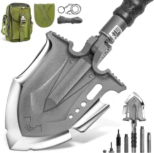 Survival Tactical Shovel Multitool 28 in 1 Luxury Kit, Folding Shovel with Military Grade Martensitic Steel Adjustable 7 Angles Spade, 24.5”-35.5” Emergency Entrenching Tool with Bag, F-A3