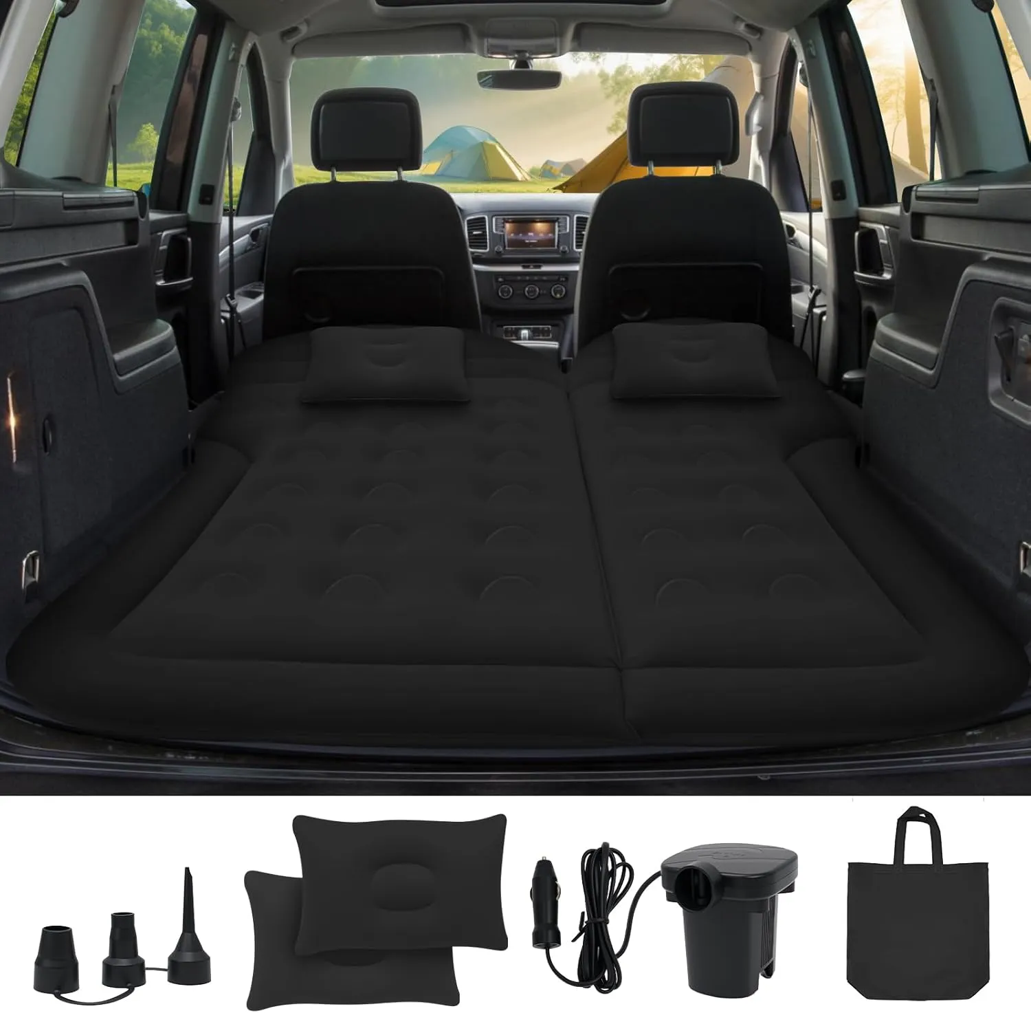 SUV Air Mattress for Camping, Air Mattress for Car Compatible with SUV, Camping Bed with Pump, Inflatable Sleeping Pad for Car Backseat, Truck Travel Bed for Road Trip (Black)