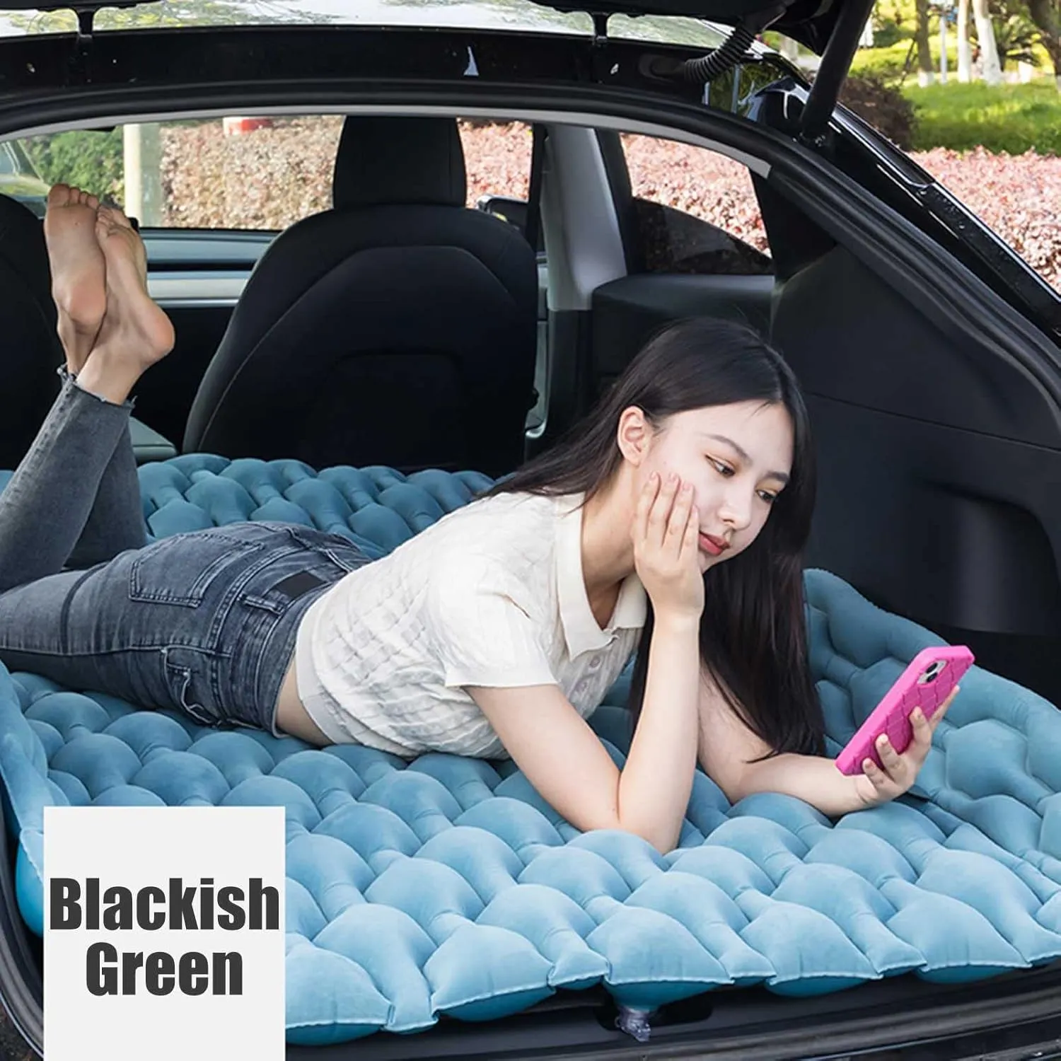 SUV Air Mattress Thickened and Double-Sided Flocking PVC Travel Mattress for Camping, Home, Travel, Hiking, Blow Up Sleeping Pad with 2 Pillows, Extended Back Seat Airbed