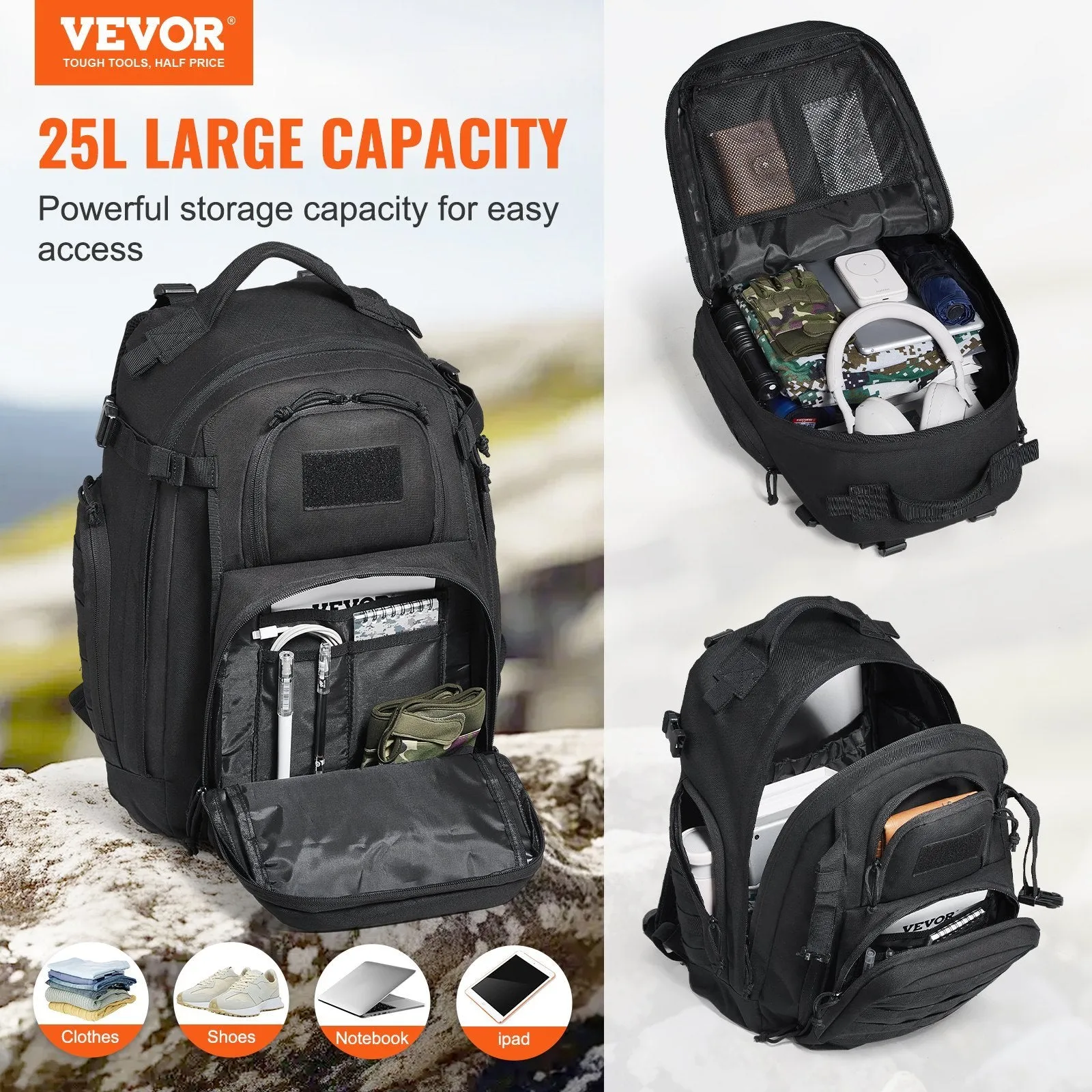 Tactical Backpack 25L Military Backpack With Molle Mode & Sponge Pad Black