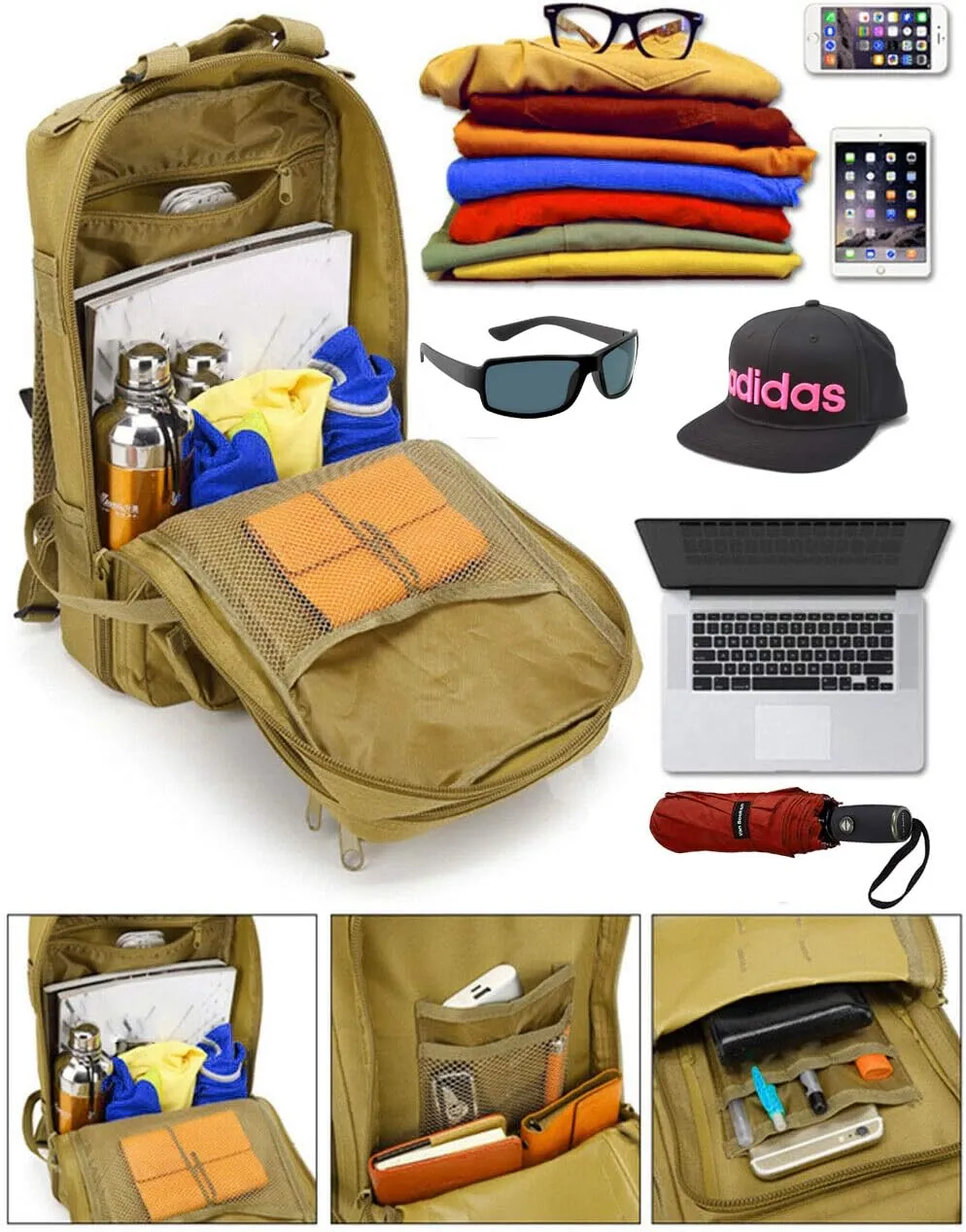 Tactical Backpack 55L with Built-up 3 MOLLE Bags Rucksacks for Travelling