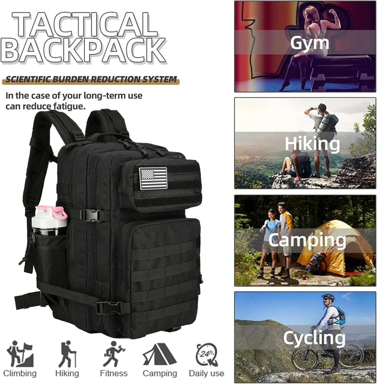 Tactical Backpack Daily Use Military Tactical Backpack for Men and Women 45L Backpack Fitness Backpack(Black)