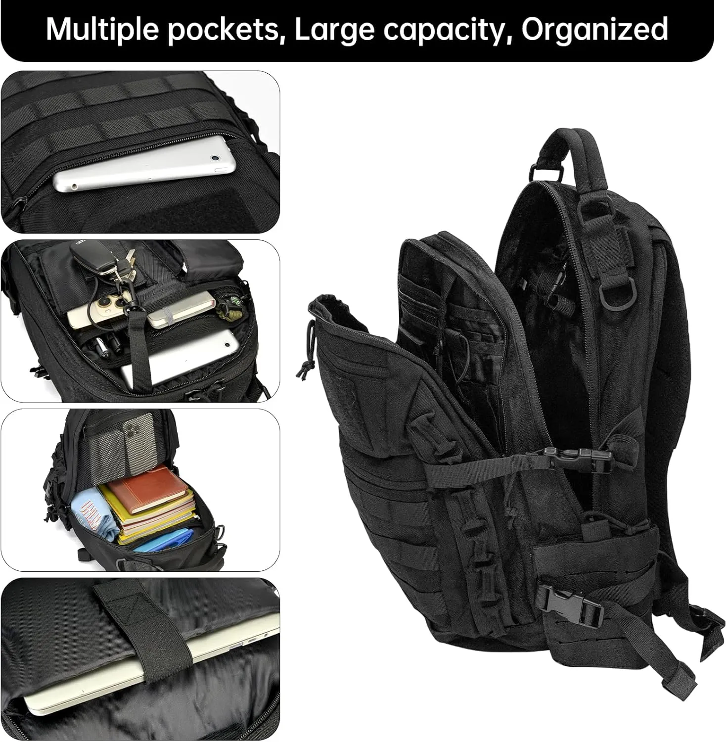 Tactical Backpack for Men 27L Assault Pack Molle Pack with Multiple Compartments Outdoor Gear Backpack for Motorcycle,Hiking and Camping Waterproof Daypack (Black)