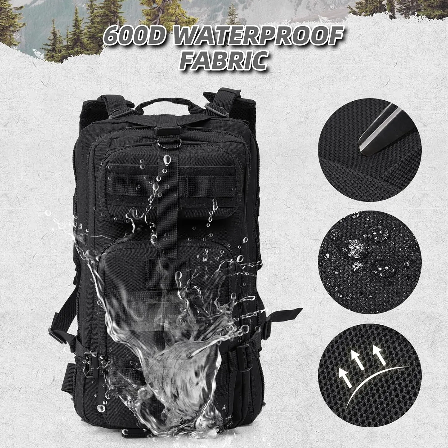 Tactical Backpack for Men & Women, Black 30L Military Hiking Backpack with MOLLE System, Water Resistant Assault Pack, Bug Out Bag for Hunting, Survival, Camping, Gym, Fishing, EDC