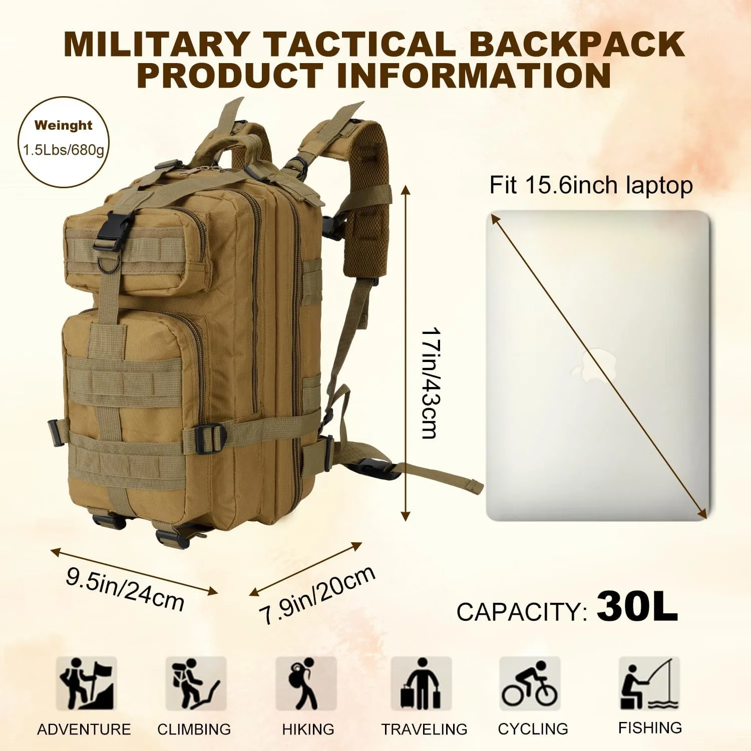 Tactical Backpack for Men Small Military Molle Backpack 30L Assault Pack Rucking Backpack for Hiking Camping Travel Fishing Outdoors (Khaki)