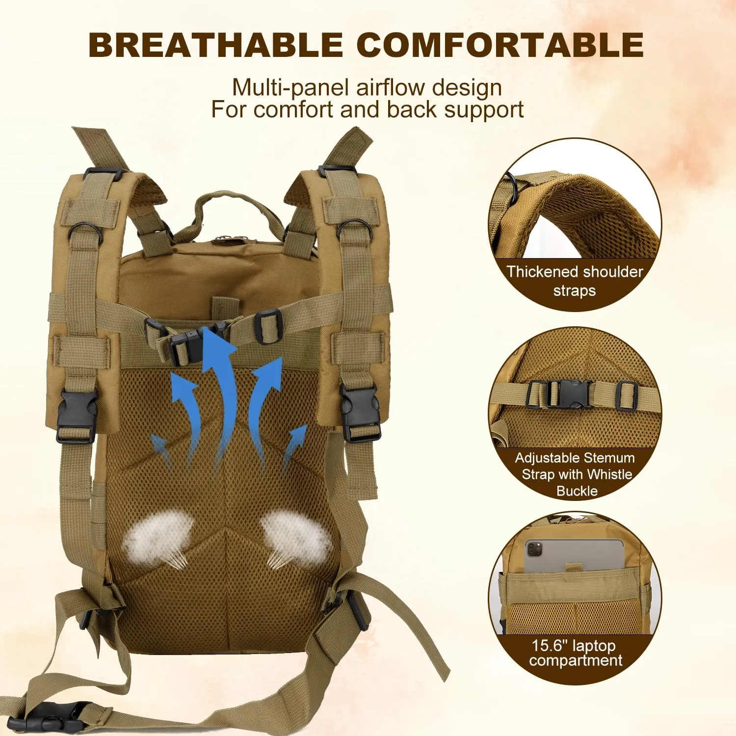 Tactical Backpack for Men Small Military Molle Backpack 30L Assault Pack Rucking Backpack for Hiking Camping Travel Fishing Outdoors (Khaki)