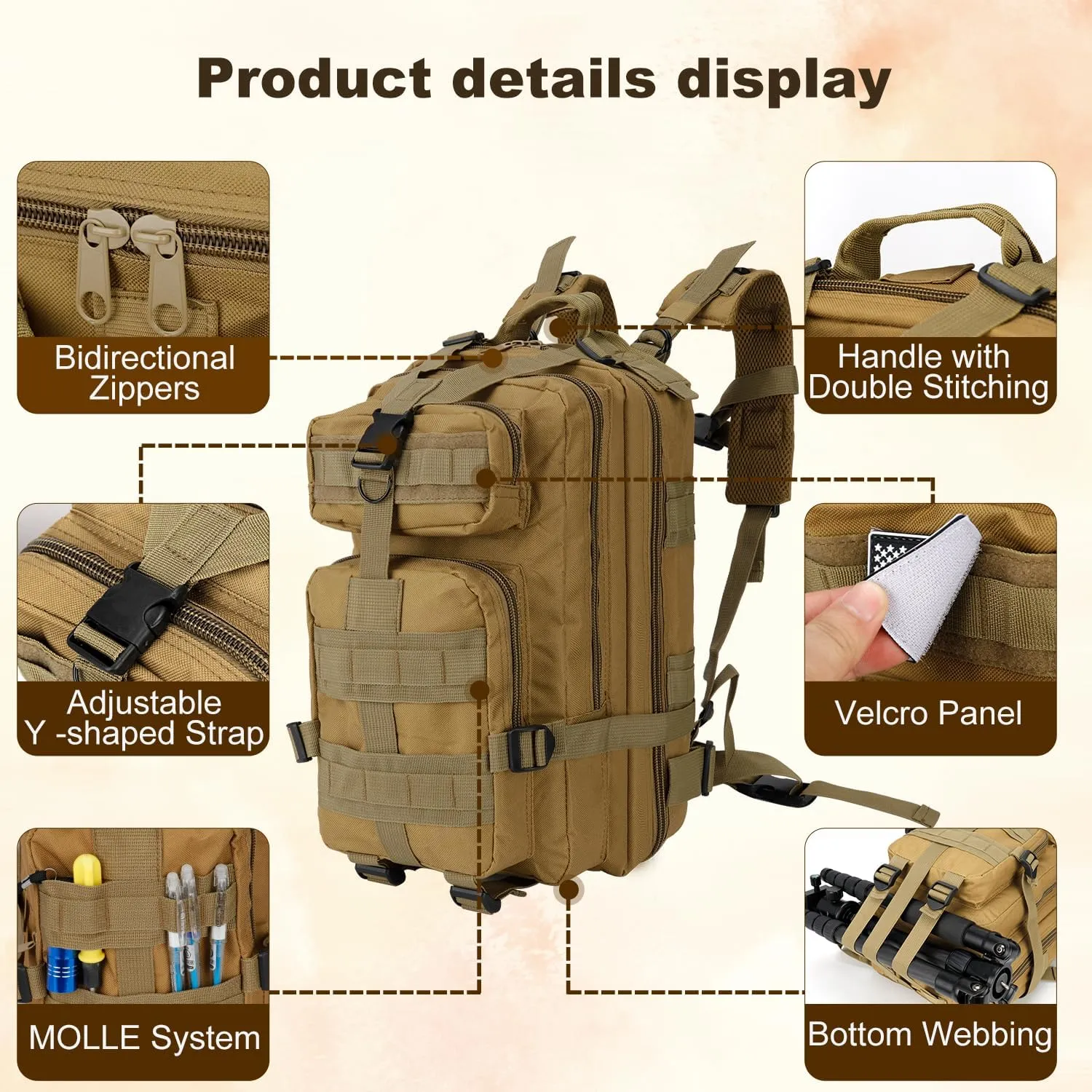 Tactical Backpack for Men Small Military Molle Backpack 30L Assault Pack Rucking Backpack for Hiking Camping Travel Fishing Outdoors (Khaki)