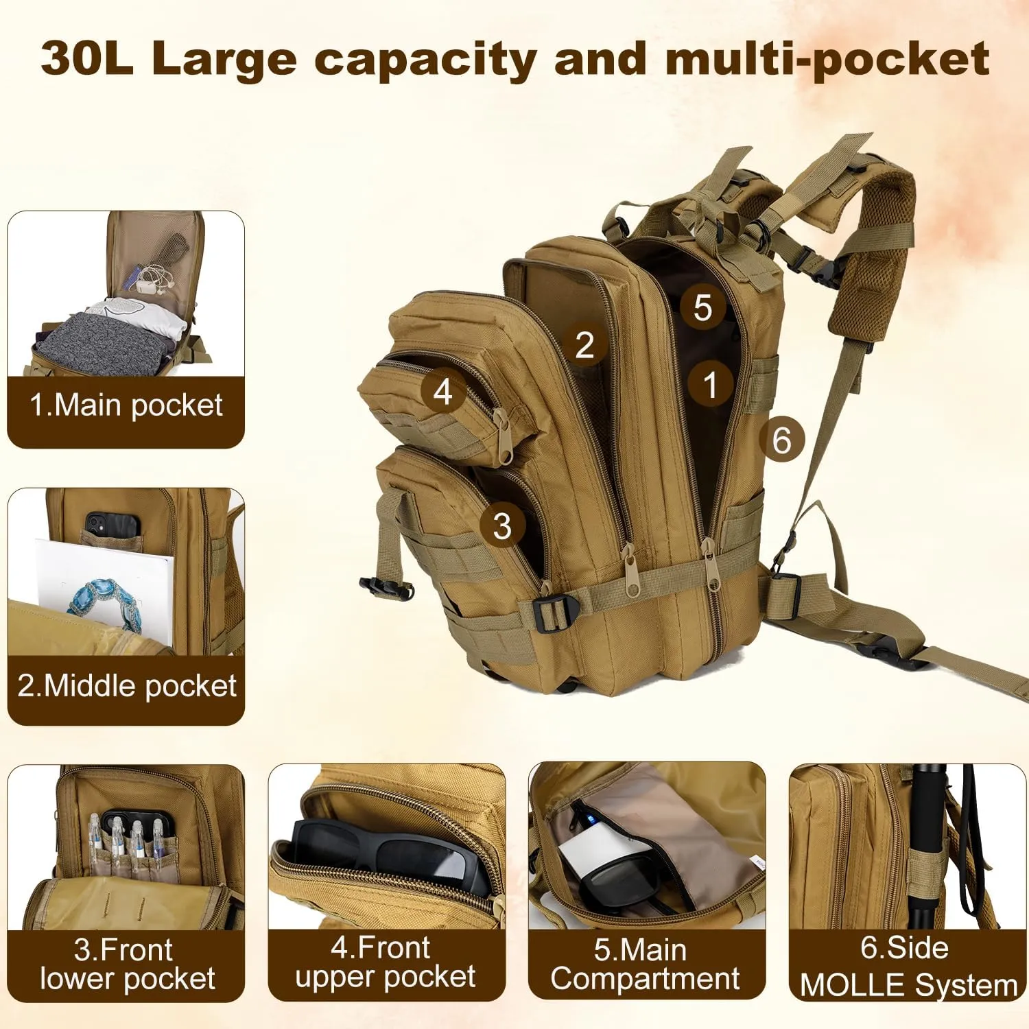 Tactical Backpack for Men Small Military Molle Backpack 30L Assault Pack Rucking Backpack for Hiking Camping Travel Fishing Outdoors (Khaki)