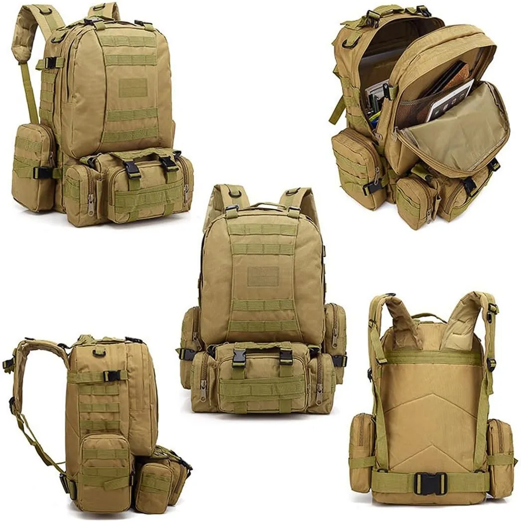 Tactical Backpack Military Army Rucksack 60L Large Assault Pack Camping Detachable Molle Bag (Black CP)