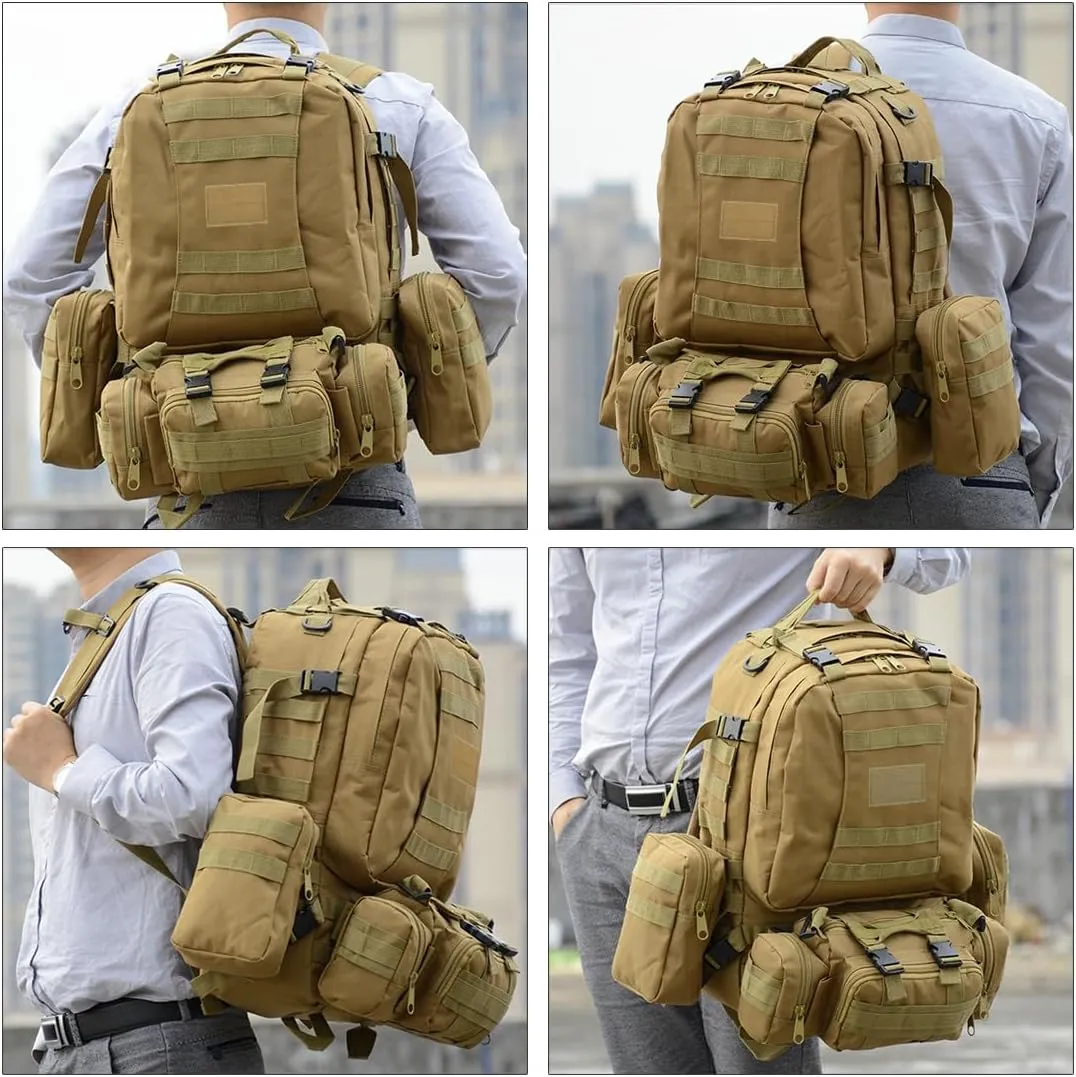 Tactical Backpack Military Army Rucksack 60L Large Assault Pack Camping Detachable Molle Bag (Black CP)
